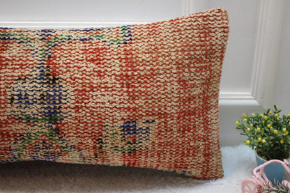 Red Vintage Turkish Rug Lumbar Pillow Cover: 12x24 inc Handmade Kilim Pillow