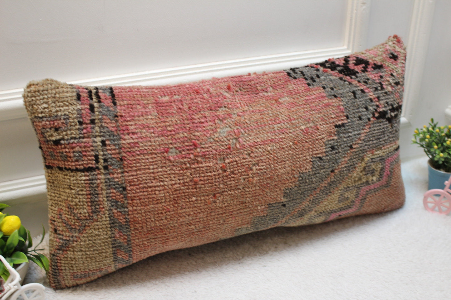 Red Kilim Pillow Cover (12x24 in): Upcycled Woven Rug Pillow