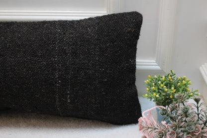 Black Kilim Pillow Cover 12x24: Vintage Handmade Wool Lumbar Pillow