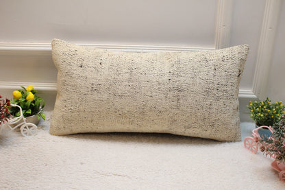 White Kilim Pillow Cover: 12x24 inch Handmade Woven Wool Lumbar
