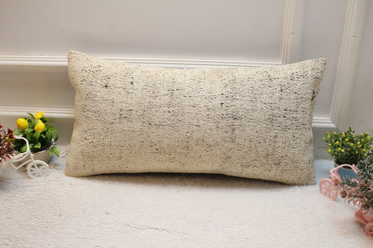 White Kilim Pillow Cover: 12x24 inch Handmade Woven Wool Lumbar