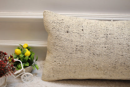 White Kilim Pillow Cover: 12x24 inch Handmade Woven Wool Lumbar