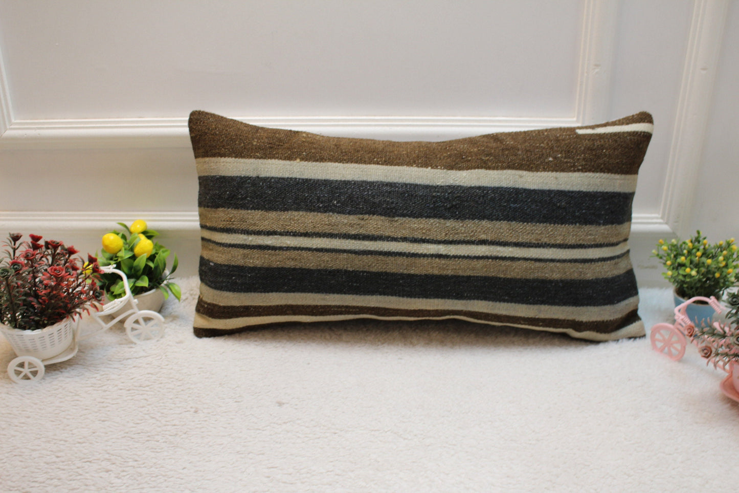 Striped Kilim Lumbar Pillow Cover: 12x24 inch, Upcycled Wool