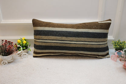Striped Kilim Lumbar Pillow Cover: 12x24 inch, Upcycled Wool