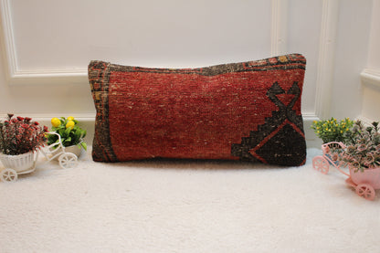 Red Wool Lumbar Pillow Cover: Turkish Rug, Boho Decor (12x24 in)