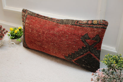 Red Wool Lumbar Pillow Cover: Turkish Rug, Boho Decor (12x24 in)