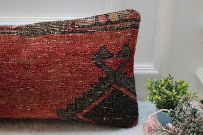 Red Wool Lumbar Pillow Cover: Turkish Rug, Boho Decor (12x24 in)
