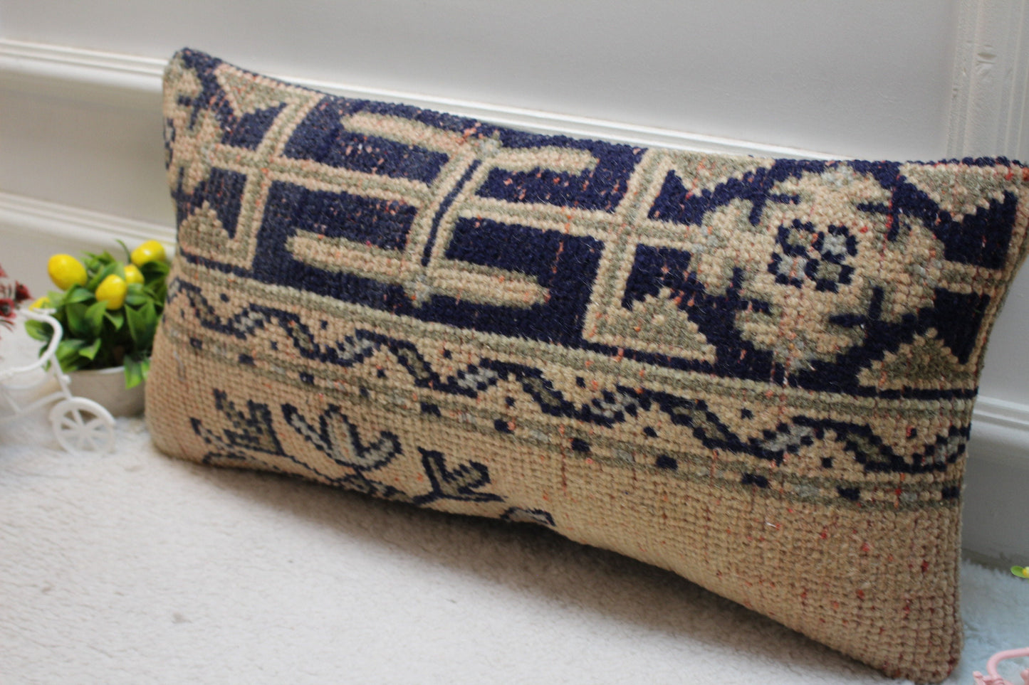 Handmade Turkish Rug Pillow Cover: Organic Wool Lumbar Cushion (12x24 inc)