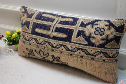 Handmade Turkish Rug Pillow Cover: Organic Wool Lumbar Cushion (12x24 inc)