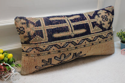 Handmade Turkish Rug Pillow Cover: Organic Wool Lumbar Cushion (12x24 inc)