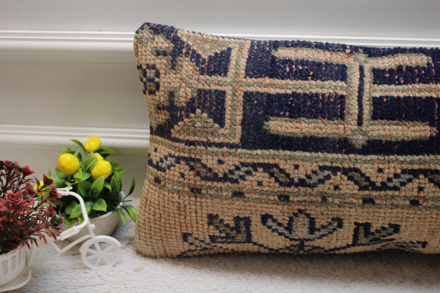 Handmade Turkish Rug Pillow Cover: Organic Wool Lumbar Cushion (12x24 inc)