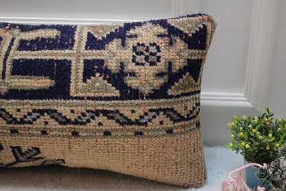 Handmade Turkish Rug Pillow Cover: Organic Wool Lumbar Cushion (12x24 inc)