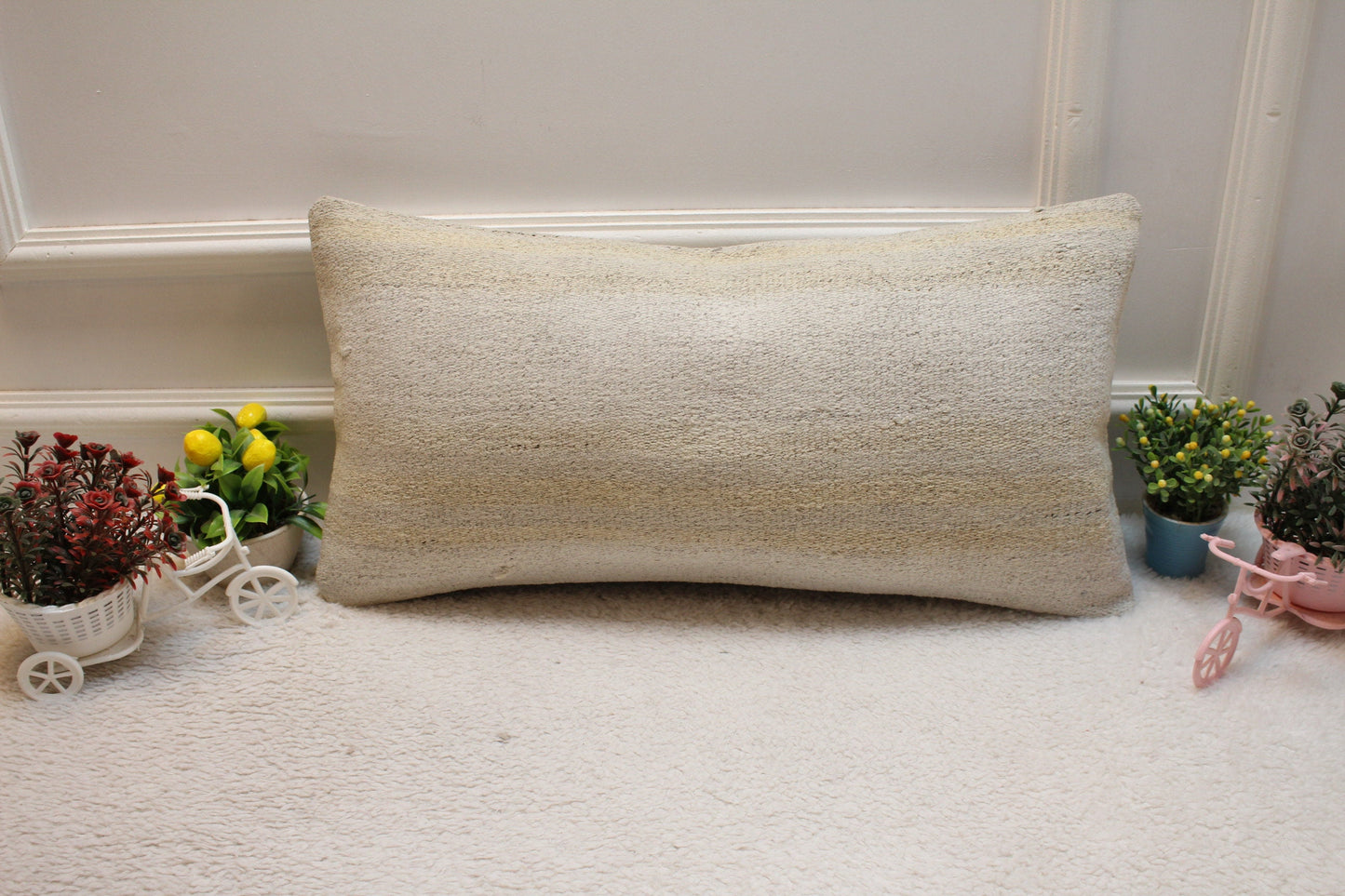 Handmade Kilim Pillow Cover: Upcycled Organic Wool Lumbar Pillow, 12x24 inch