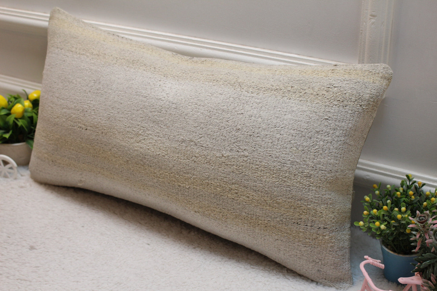 Handmade Kilim Pillow Cover: Upcycled Organic Wool Lumbar Pillow, 12x24 inch