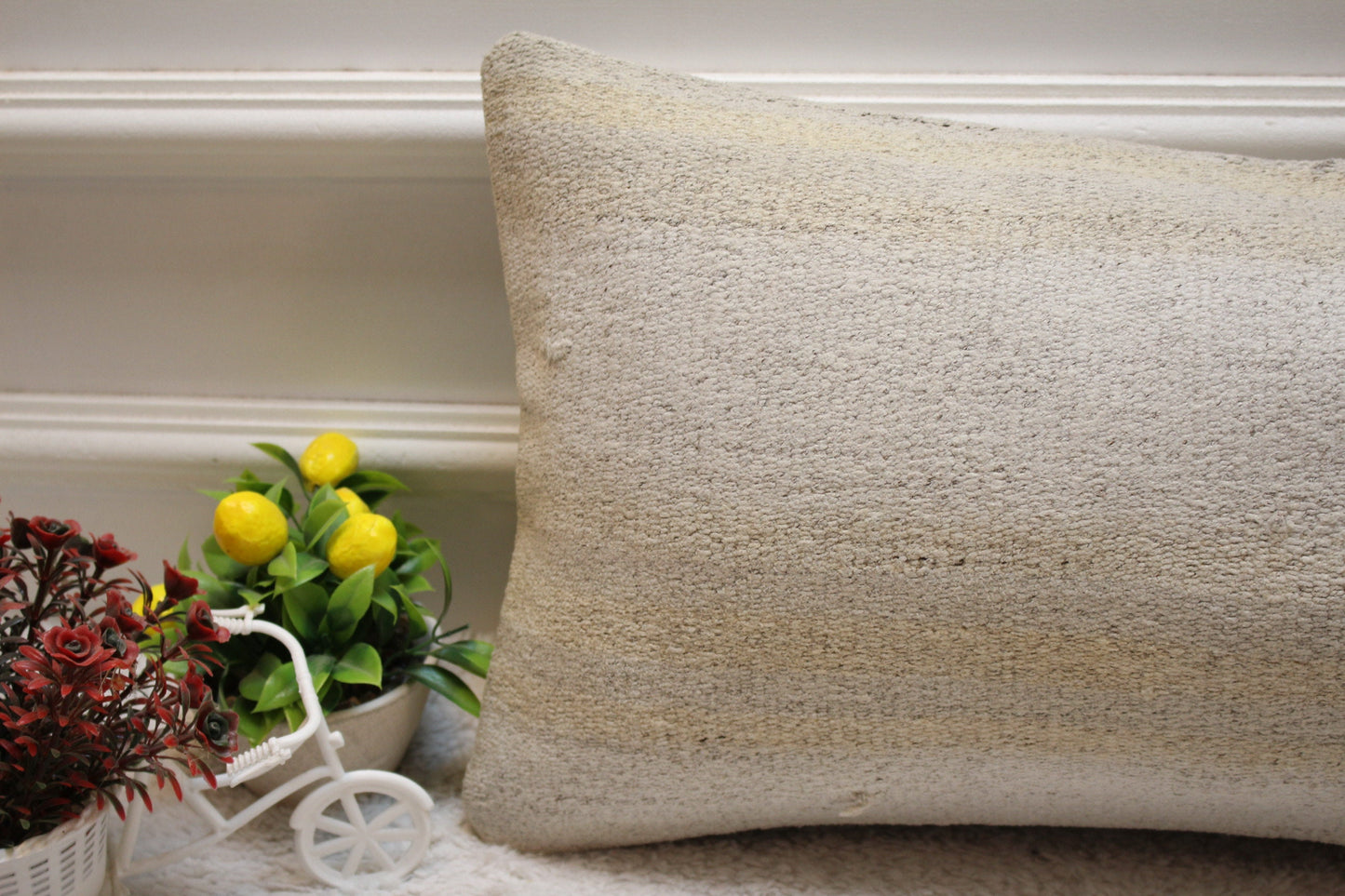 Handmade Kilim Pillow Cover: Upcycled Organic Wool Lumbar Pillow, 12x24 inch
