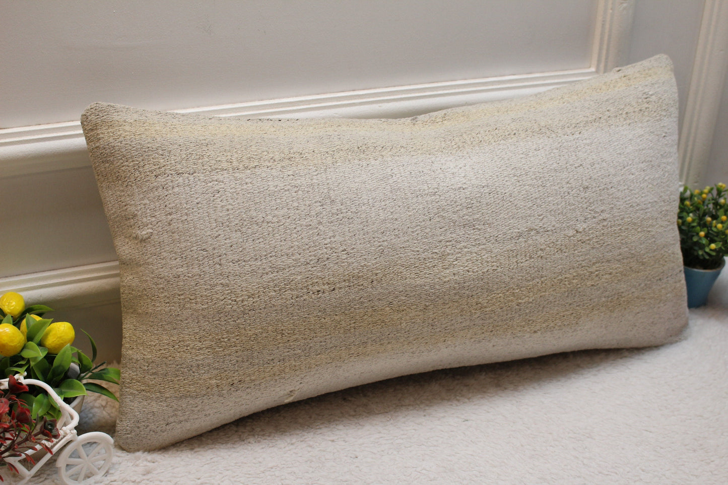 Handmade Kilim Pillow Cover: Upcycled Organic Wool Lumbar Pillow, 12x24 inch