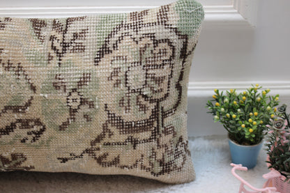 Vintage Turkish Rug Lumbar Pillow Cover: Brown Beige Anatolian Design (12x24 in)