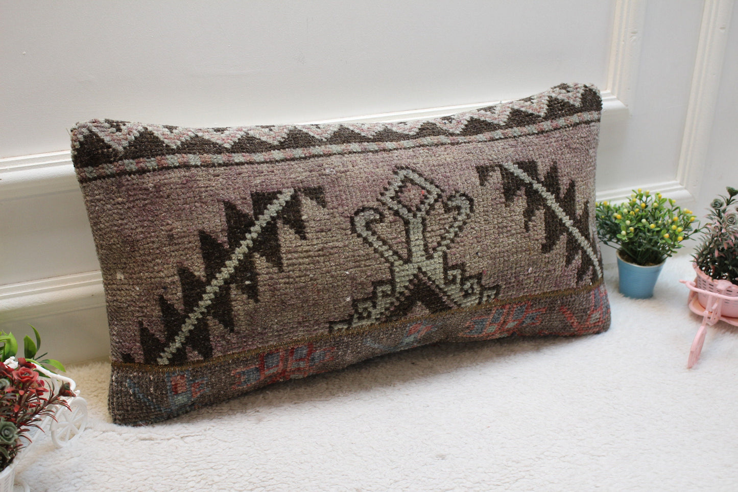 Vintage Turkish Rug Lumbar Pillow Cover: Brown Wool, 12x24 inch
