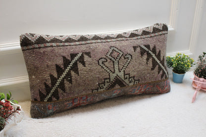Vintage Turkish Rug Lumbar Pillow Cover: Brown Wool, 12x24 inch