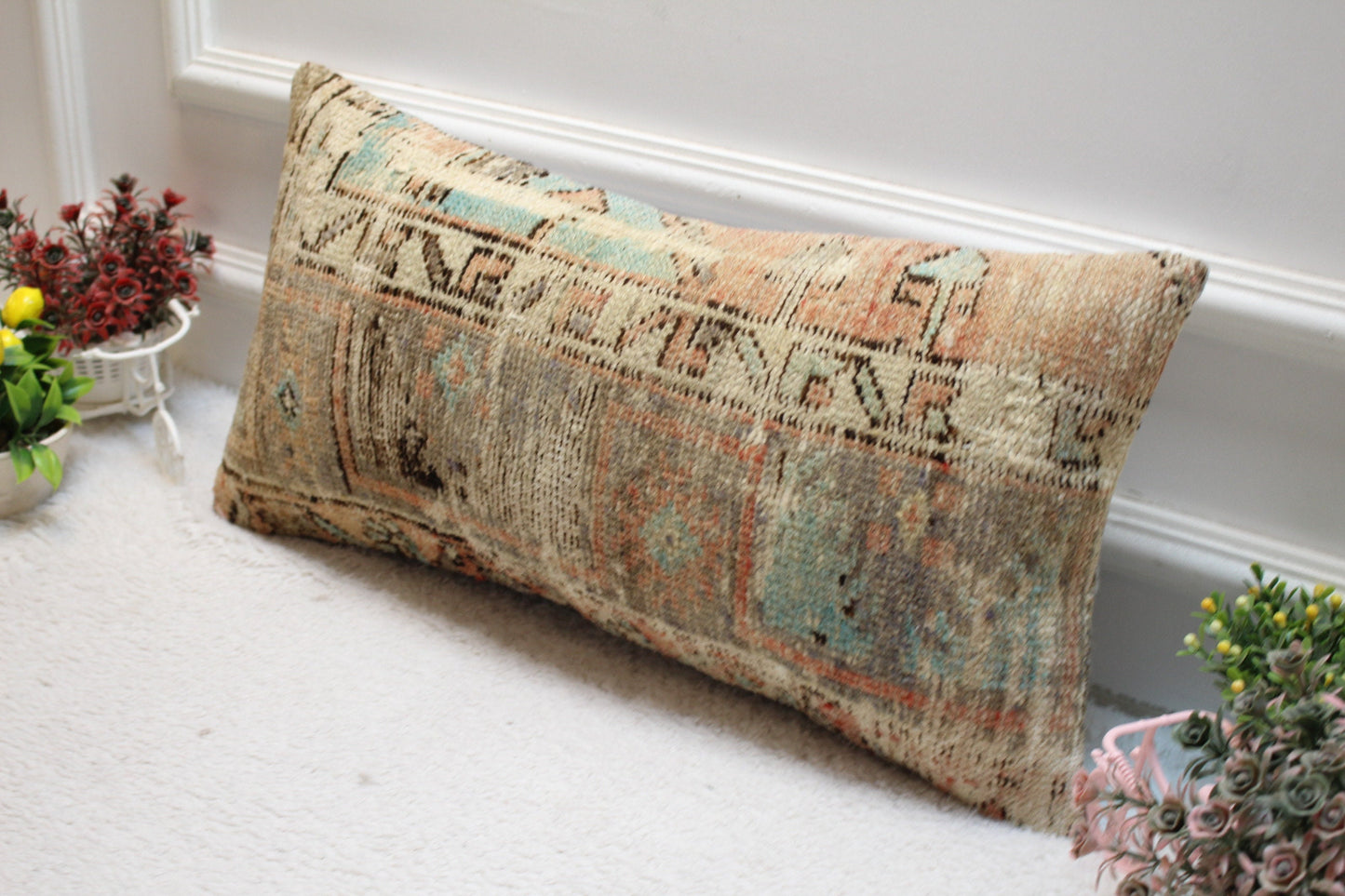 Vintage Turkish Rug Pillow: Brown Wool Lumbar Pillow Cover (12x24 in)