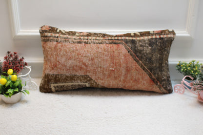 Red Turkish Rug Pillow: Vintage Woven Lumbar Cushion, 12x24 inch