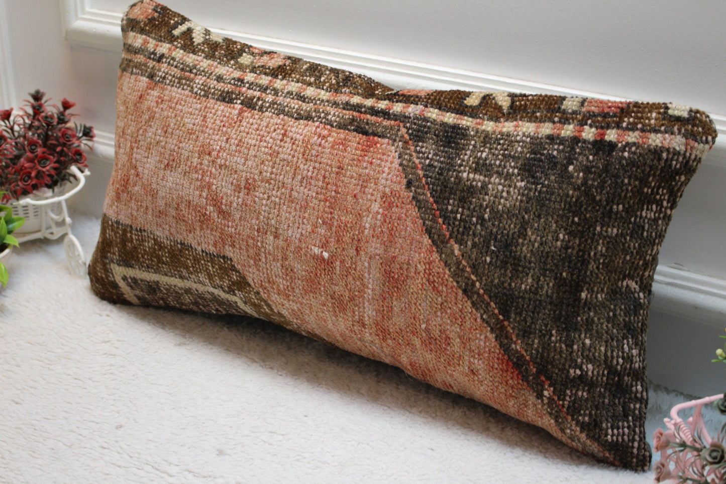 Red Turkish Rug Pillow: Vintage Woven Lumbar Cushion, 12x24 inch