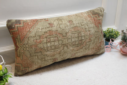 Handmade Turkish Rug Pillow Cover: Beige & Red Vintage Design (12x24 in)