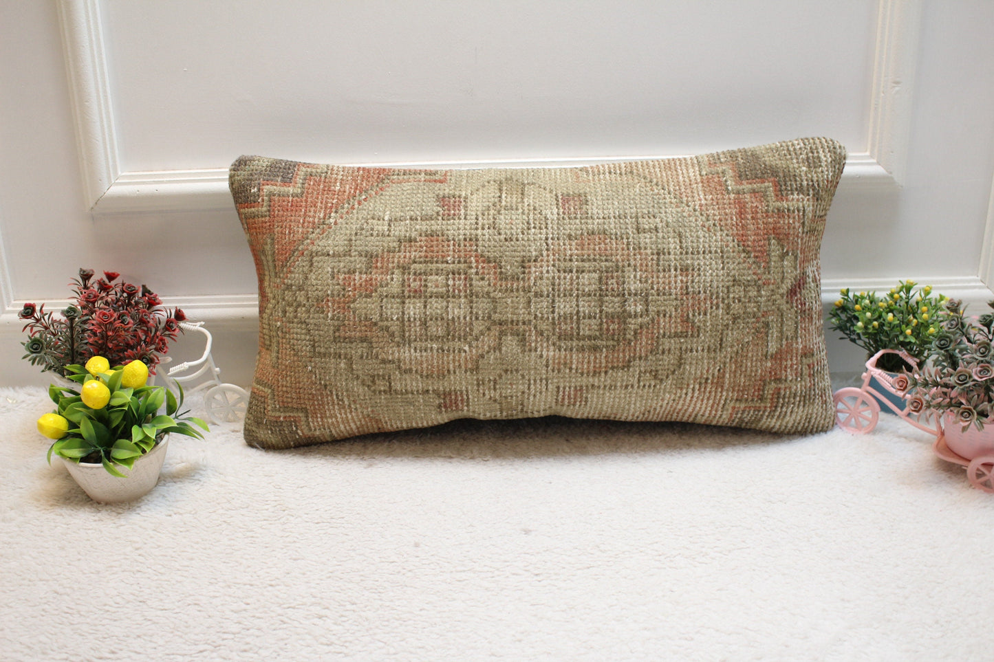Handmade Turkish Rug Pillow Cover: Beige & Red Vintage Design (12x24 in)