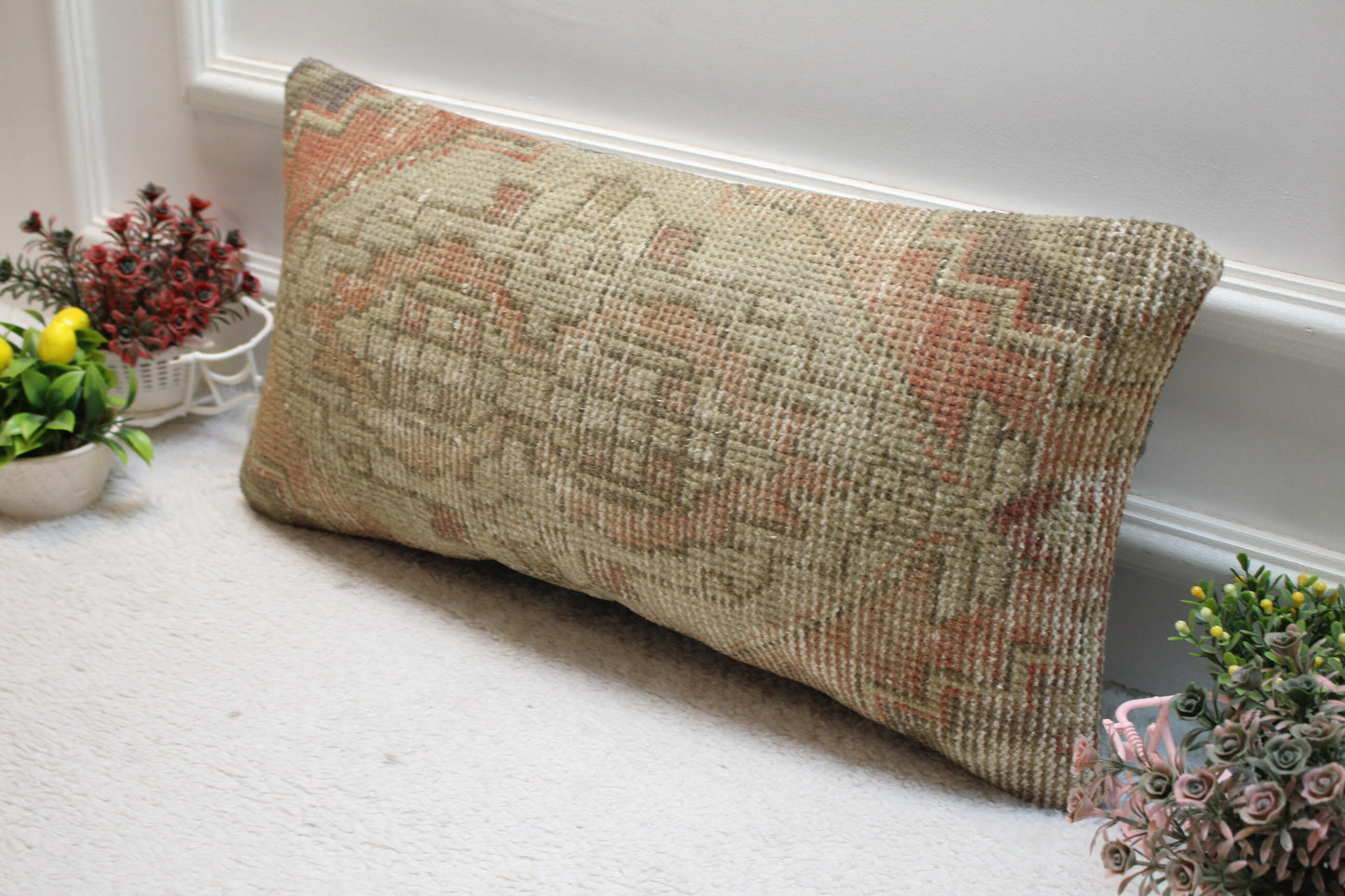 Handmade Turkish Rug Pillow Cover: Beige & Red Vintage Design (12x24 in)