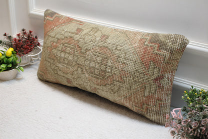 Handmade Turkish Rug Pillow Cover: Beige & Red Vintage Design (12x24 in)