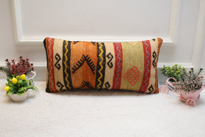 Ethnic Kilim Pillow Cover 12x24: Organic Wool, Boho Design