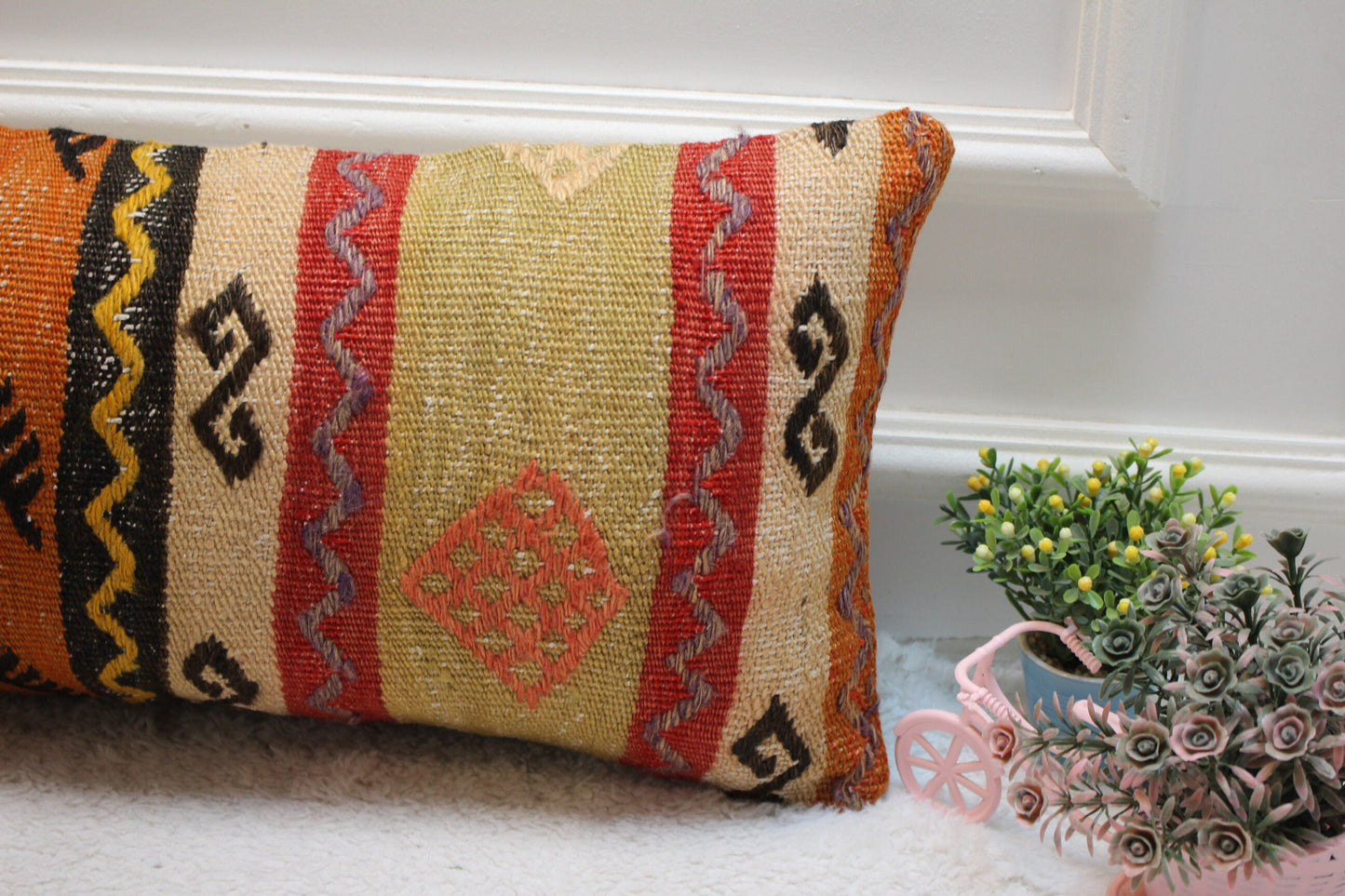 Ethnic Kilim Pillow Cover 12x24: Organic Wool, Boho Design