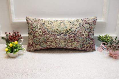 Floral Turkish Rug Pillow: Handmade Organic Wool Lumbar Cover (12x24 inch)