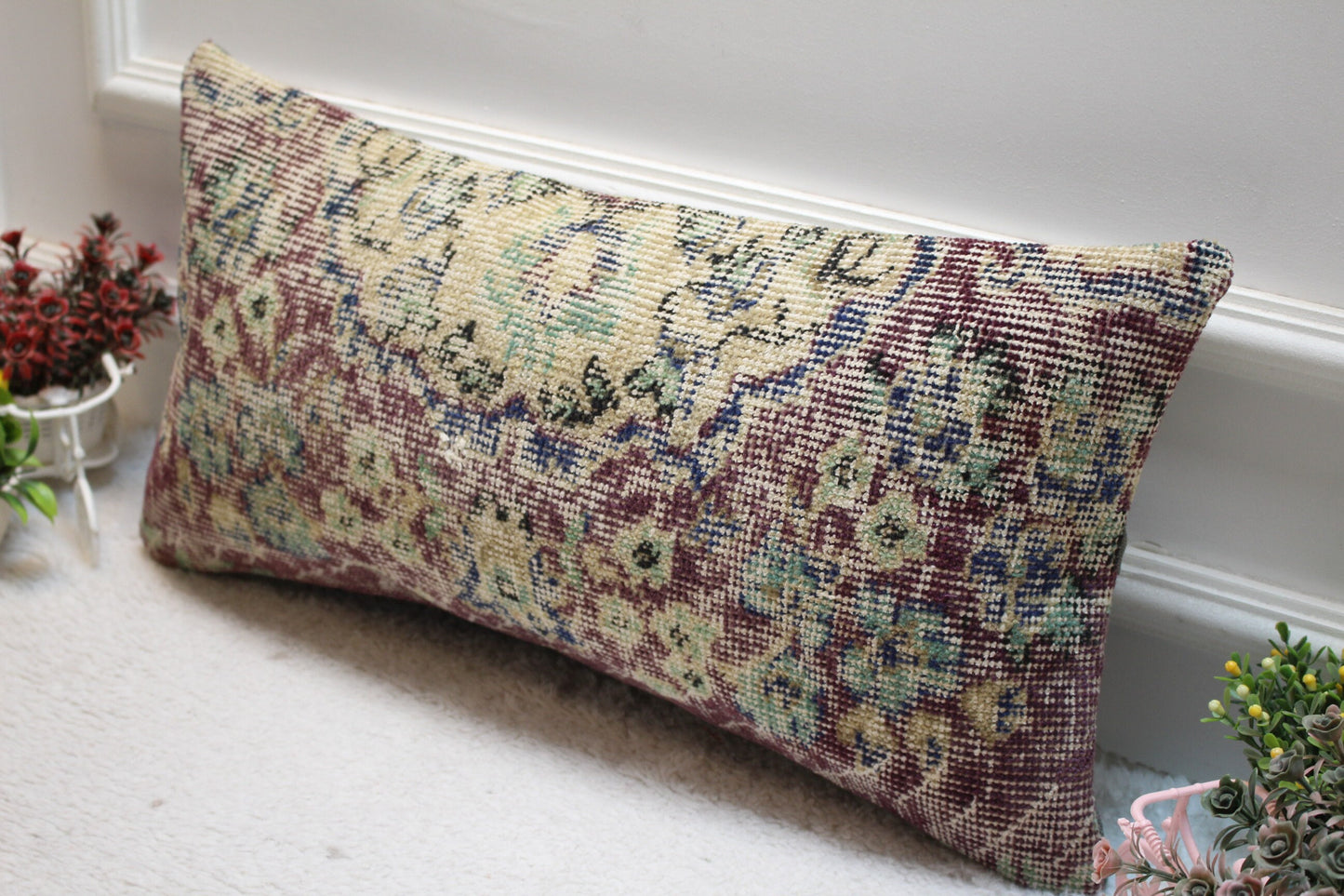 Floral Turkish Rug Pillow: Handmade Organic Wool Lumbar Cover (12x24 inch)