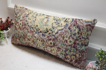 Floral Turkish Rug Pillow: Handmade Organic Wool Lumbar Cover (12x24 inch)