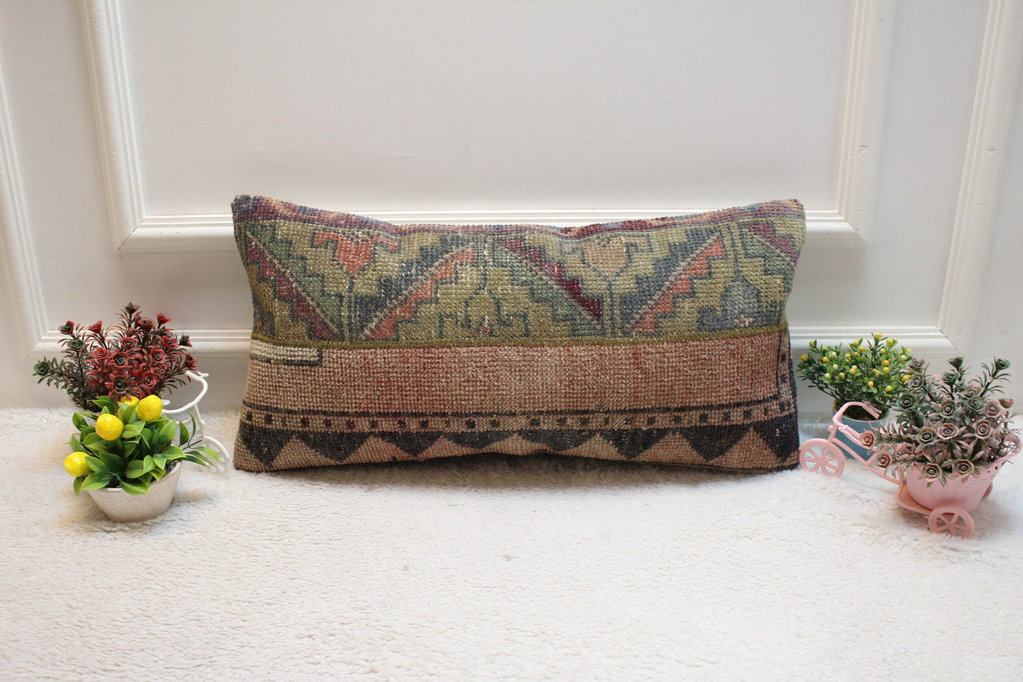 Handmade Turkish Rug Pillow: Patchwork Organic Wool Lumbar Cushion (12x36 in)