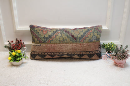 Handmade Turkish Rug Pillow: Patchwork Organic Wool Lumbar Cushion (12x36 in)