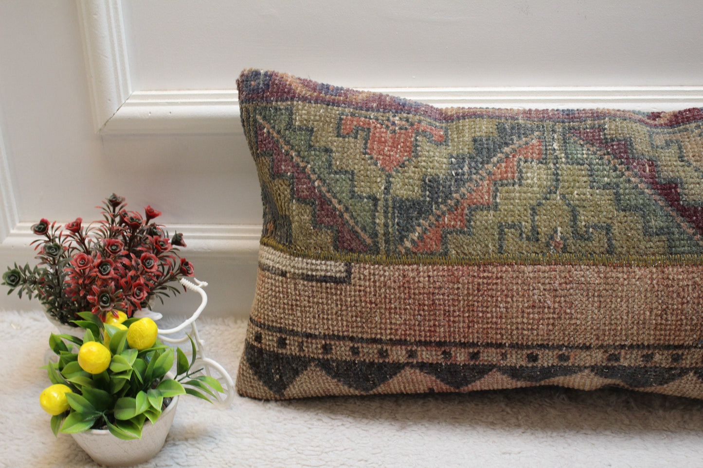 Handmade Turkish Rug Pillow: Patchwork Organic Wool Lumbar Cushion (12x36 in)