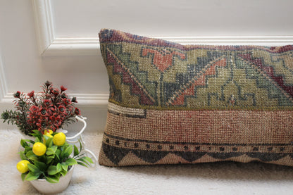 Handmade Turkish Rug Pillow: Patchwork Organic Wool Lumbar Cushion (12x36 in)