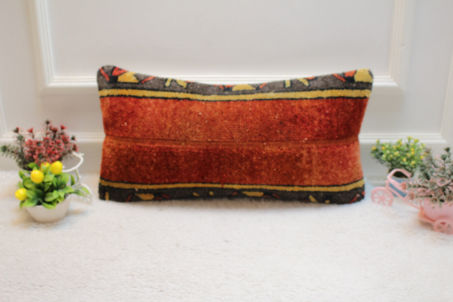 Handmade Red Turkish Rug Lumbar Pillow Cover: Organic Wool, 12x24 in