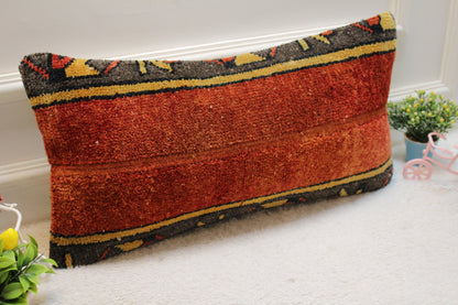 Handmade Red Turkish Rug Lumbar Pillow Cover: Organic Wool, 12x24 in