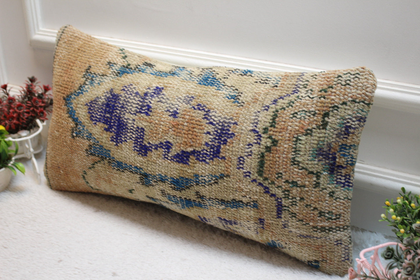 Floral Kilim Lumbar Pillow Cover: 12x24 inch, Upcycled Wool Rug
