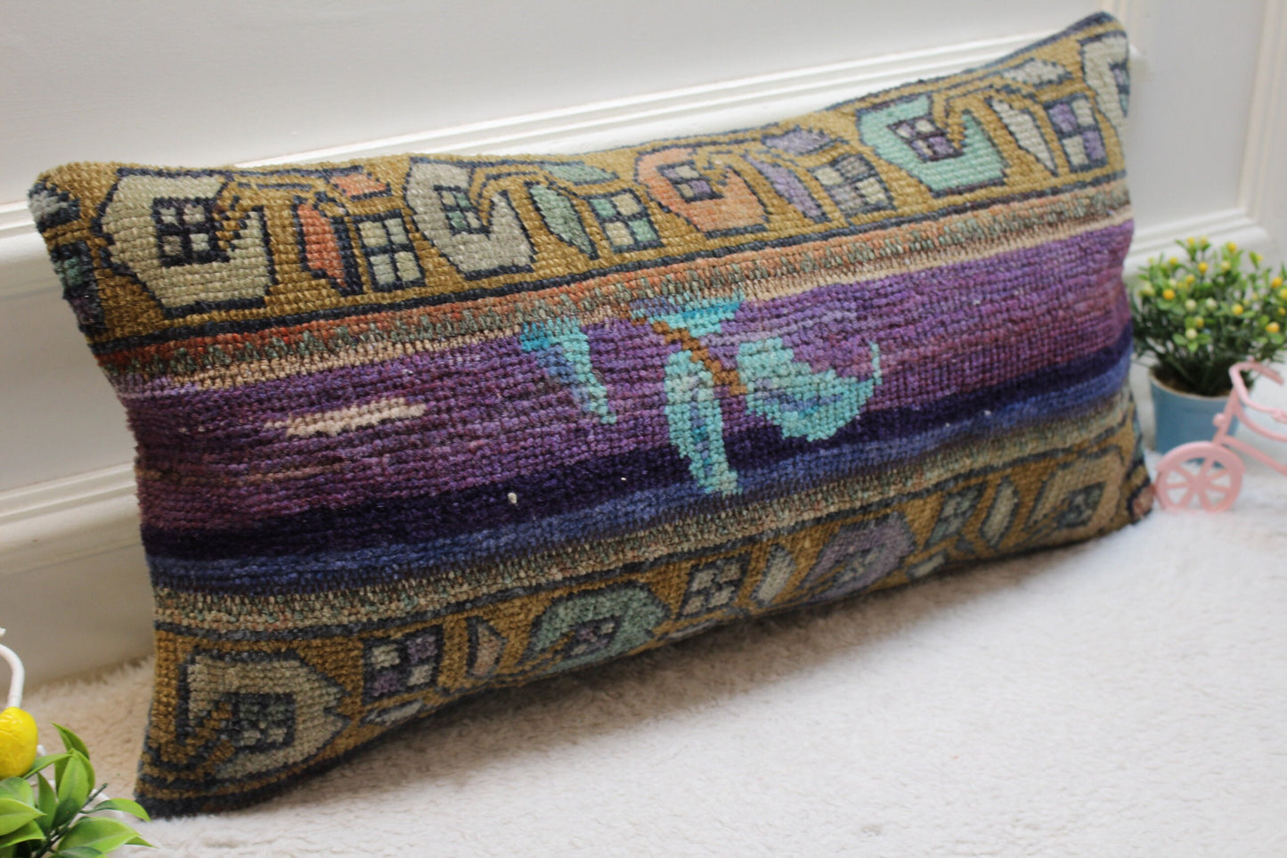 Purple Turkish Rug Lumbar Pillow Cover: Vintage Wool, 12x24 inch