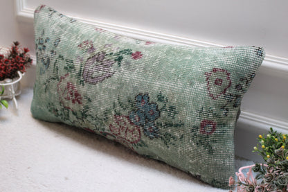 Green Floral Turkish Rug Pillow Cover: Vintage Wool Lumbar Pillow 12x24
