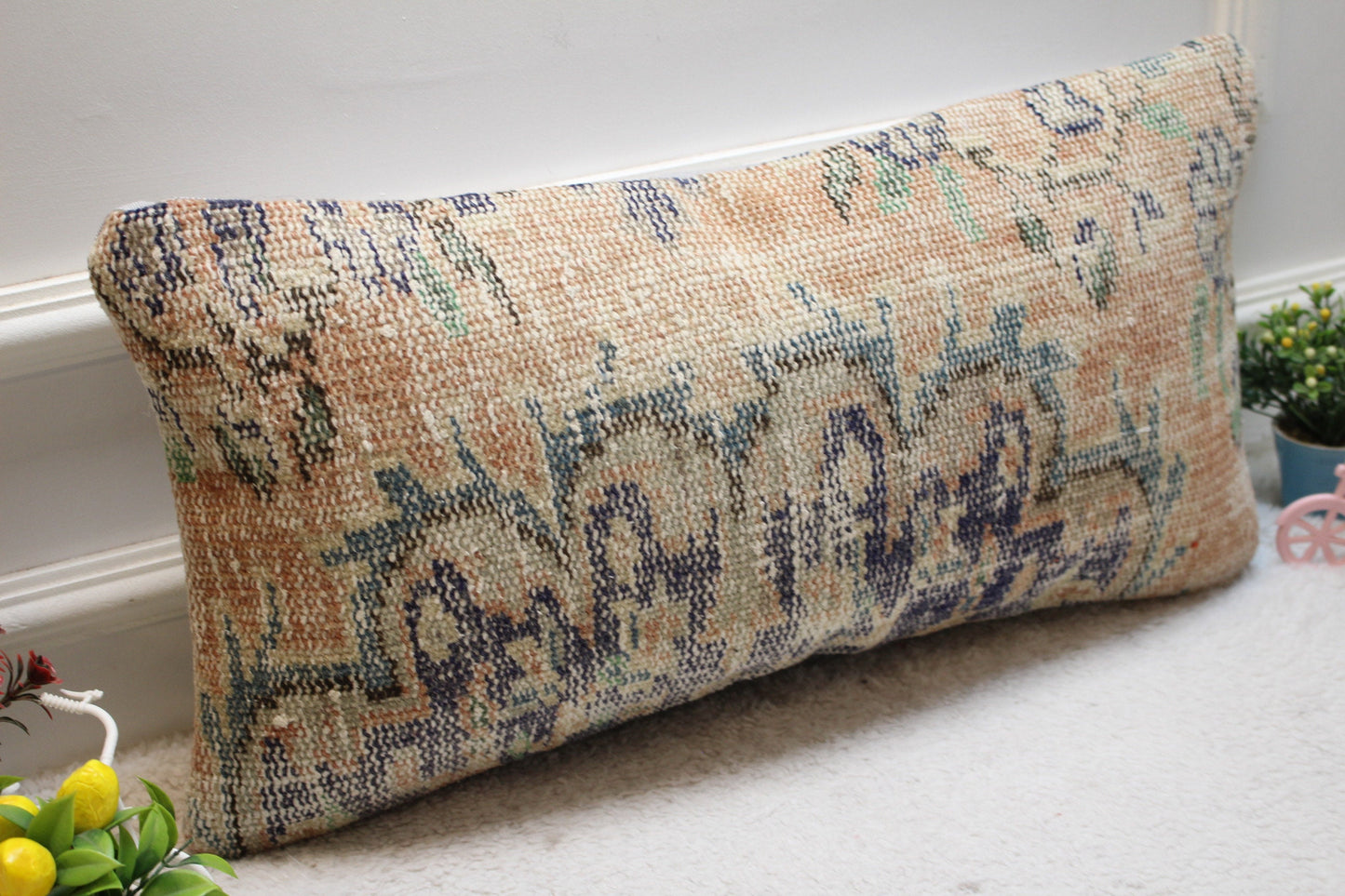 Vintage Turkish Rug Lumbar Pillow Cover: Orange Wool Pillowcase (12x24 in)