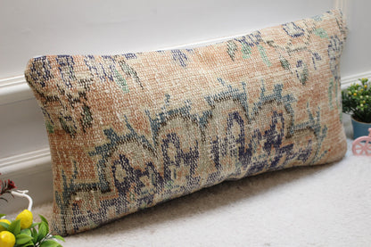 Vintage Turkish Rug Lumbar Pillow Cover: Orange Wool Pillowcase (12x24 in)