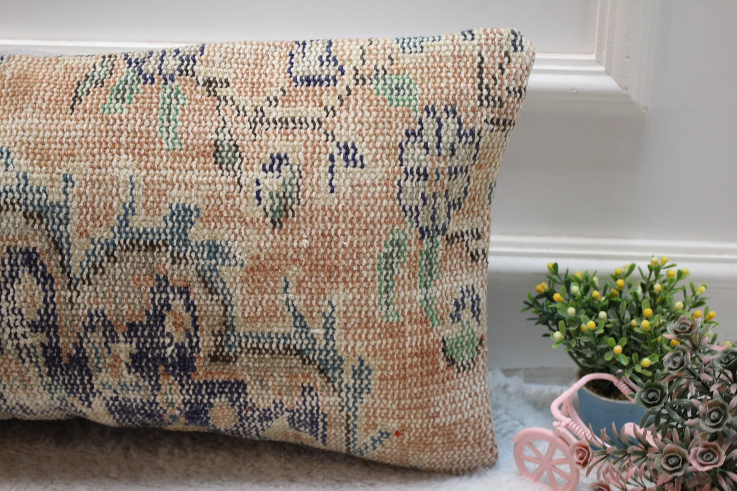 Vintage Turkish Rug Lumbar Pillow Cover: Orange Wool Pillowcase (12x24 in)