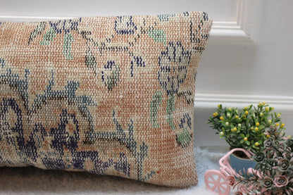 Vintage Turkish Rug Lumbar Pillow Cover: Orange Wool Pillowcase (12x24 in)