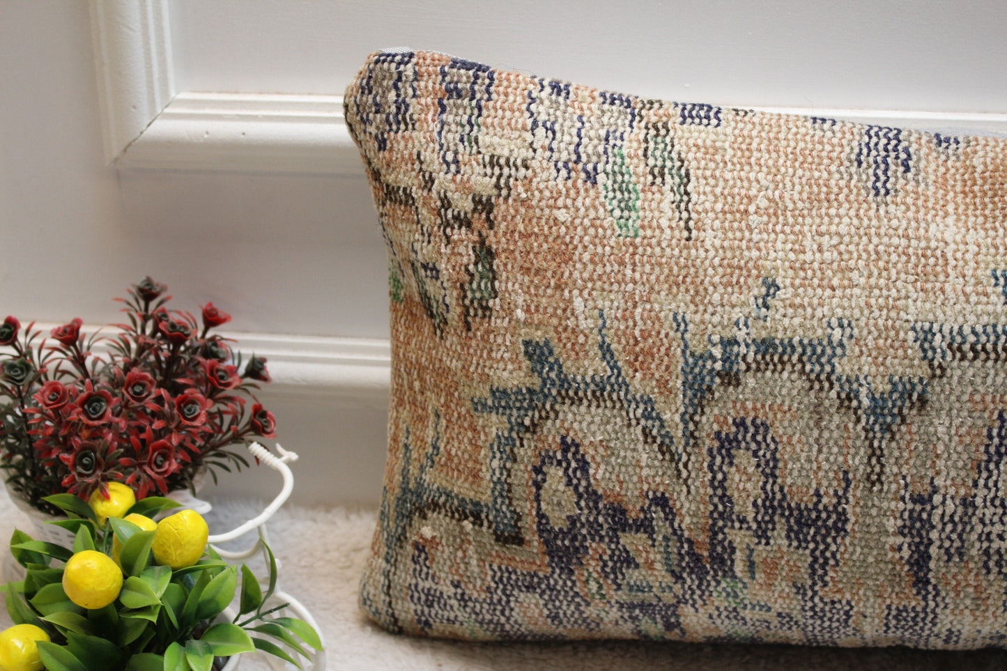 Vintage Turkish Rug Lumbar Pillow Cover: Orange Wool Pillowcase (12x24 in)