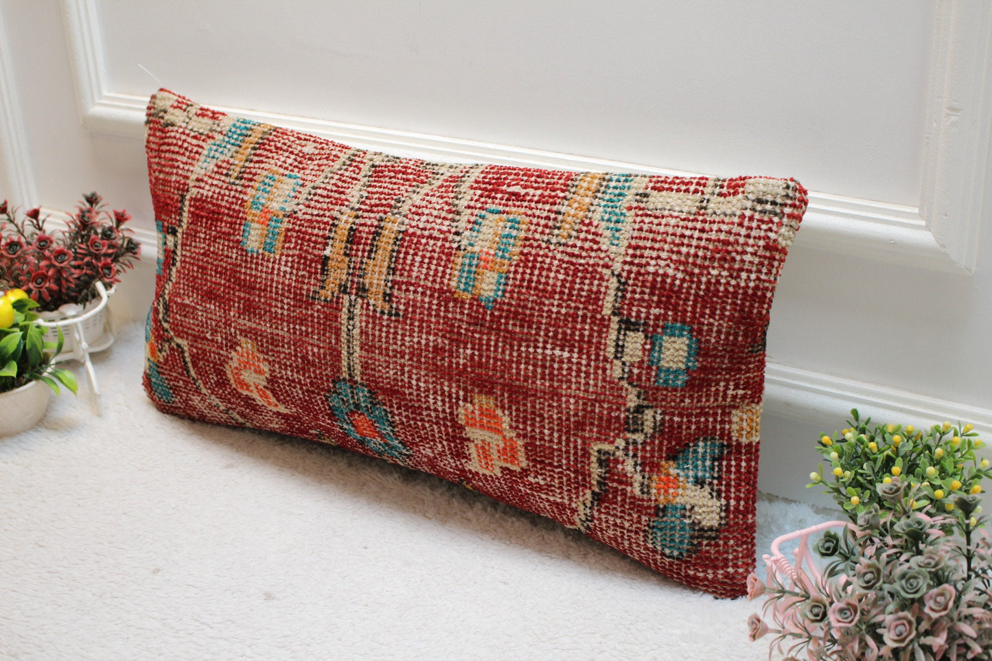 Red Vintage Turkish Rug Lumbar Pillow Cover: 12x24 inc Organic Wool